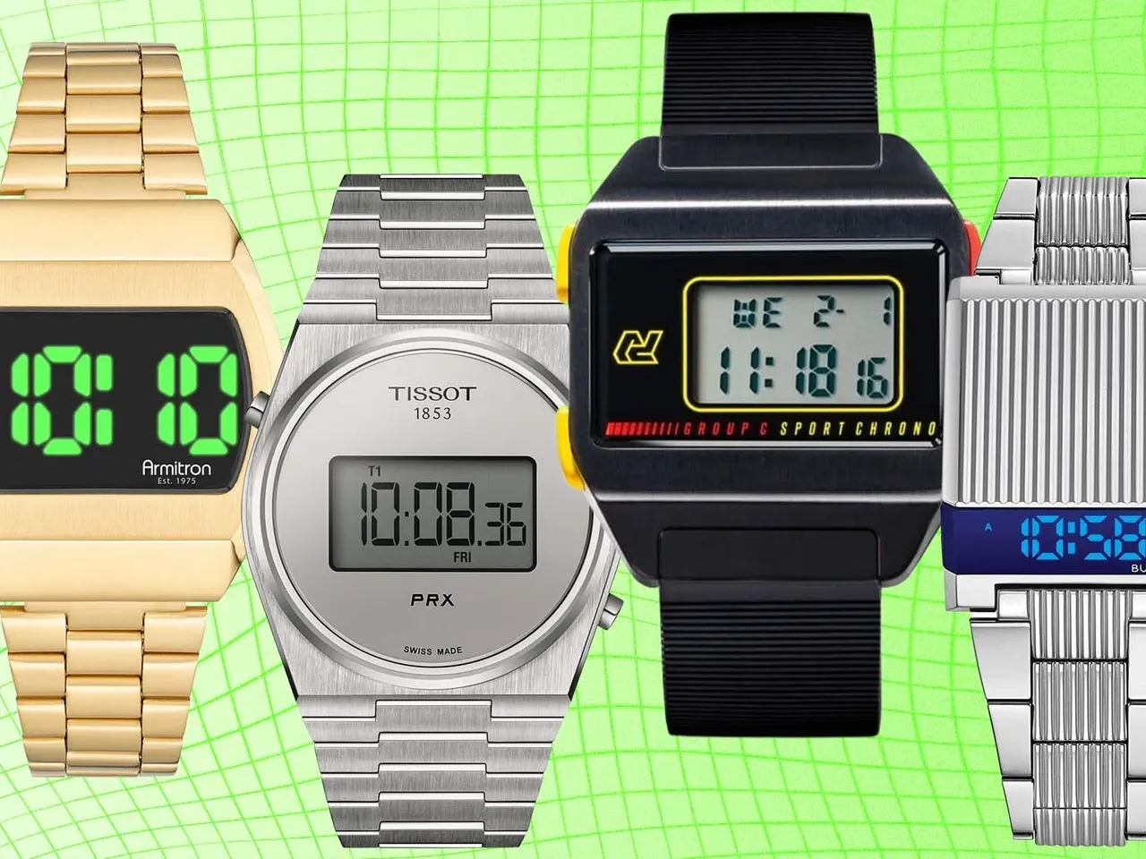 Collection of digital watches with various designs