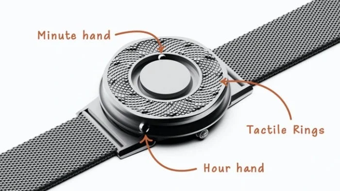 Tactile watch designed for visually impaired individuals with labeled tactile rings