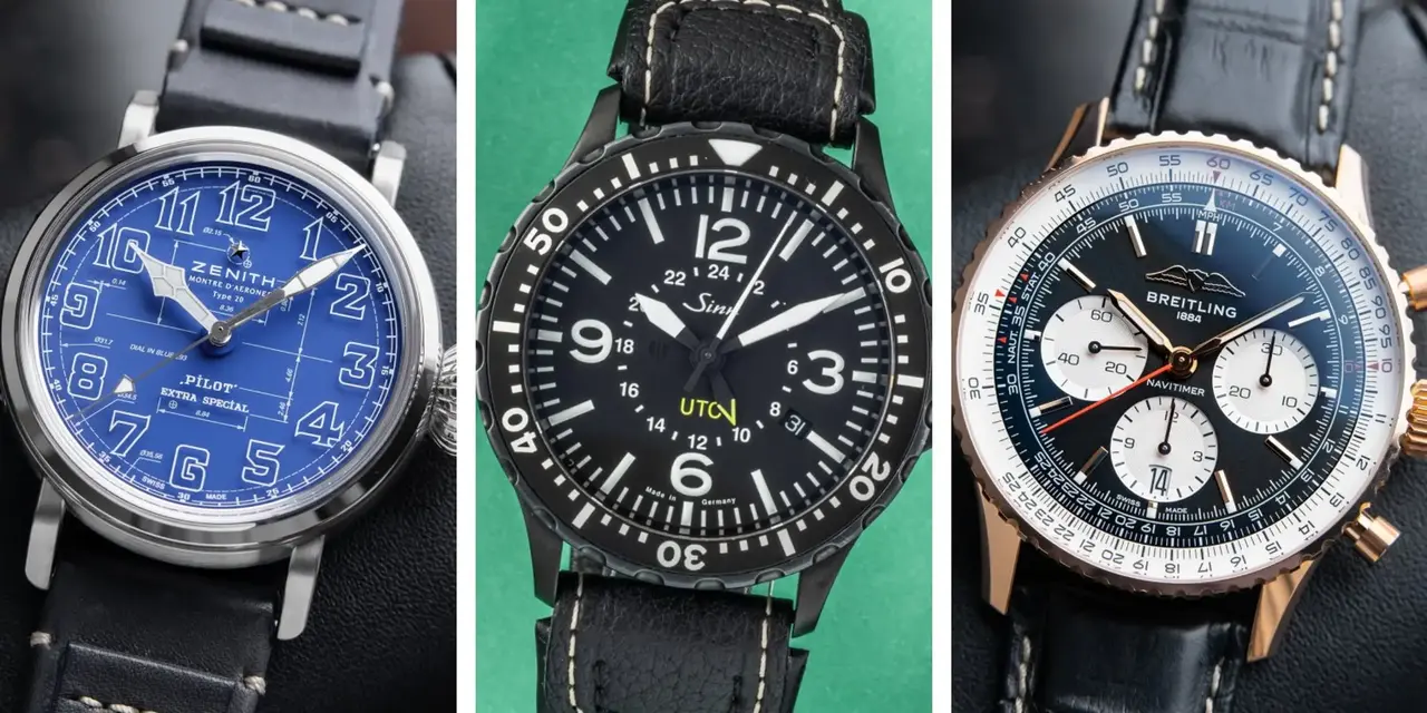 Three styles of pilot watches with easy-to-read dials