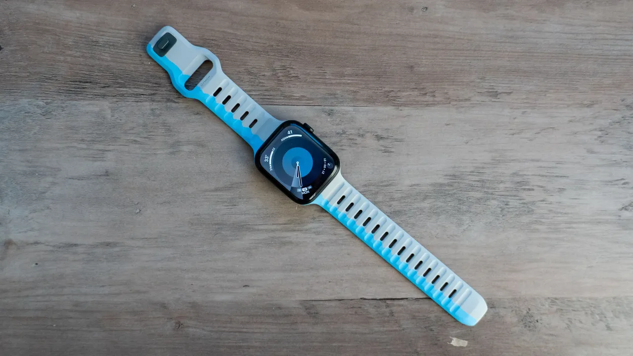 Sporty blue and white silicone band on an Apple watch