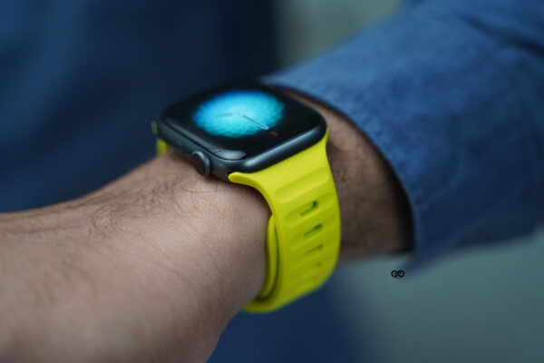 Yellow waterproof rubber watch band on smartwatch