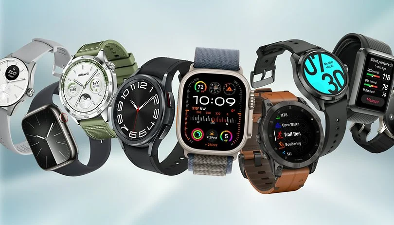 Variety of smartwatches with touchscreens and fitness tracking